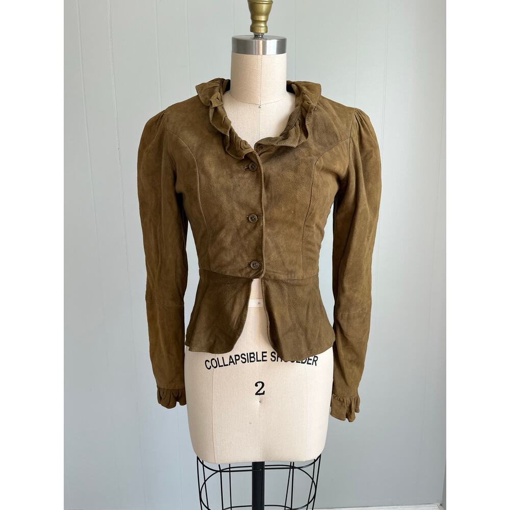 Vintage Brown Suede Leather Cropped Blazer Jacket 3 4 Fairy Whimsigoth Ruffle XS